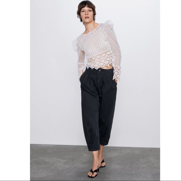 NWT ZARA Dotted Mesh Top/Crocheted hem embellished w/Beading/Pearls Sheer Blouse - Picture 4 of 13